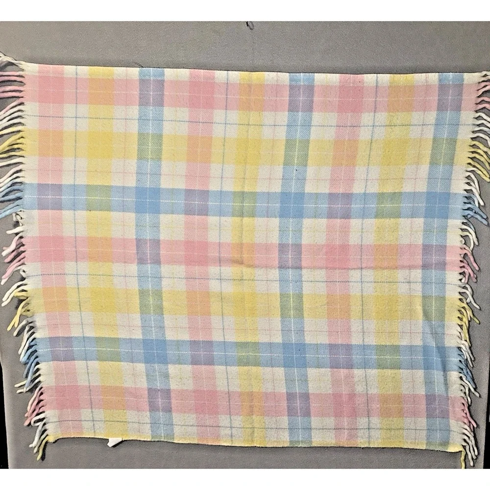 Vintage Tennessee Woolen Mills Acrylic Pastel Plaid Fringed Baby Blanket Nursery